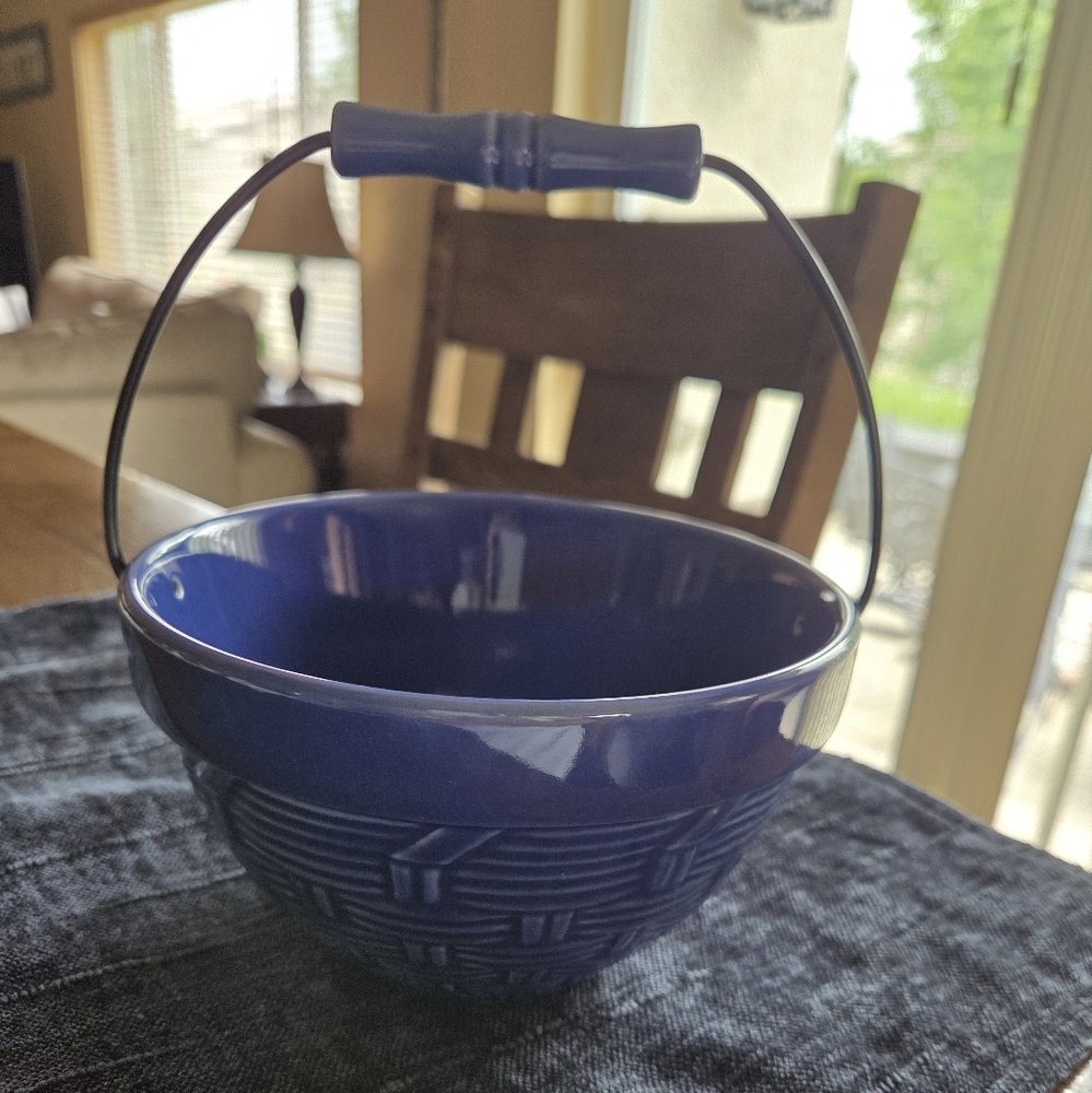 Vintage WCL Blue Pottery Basket Metal Handle Ceramic Handle Basket Weave Bowl